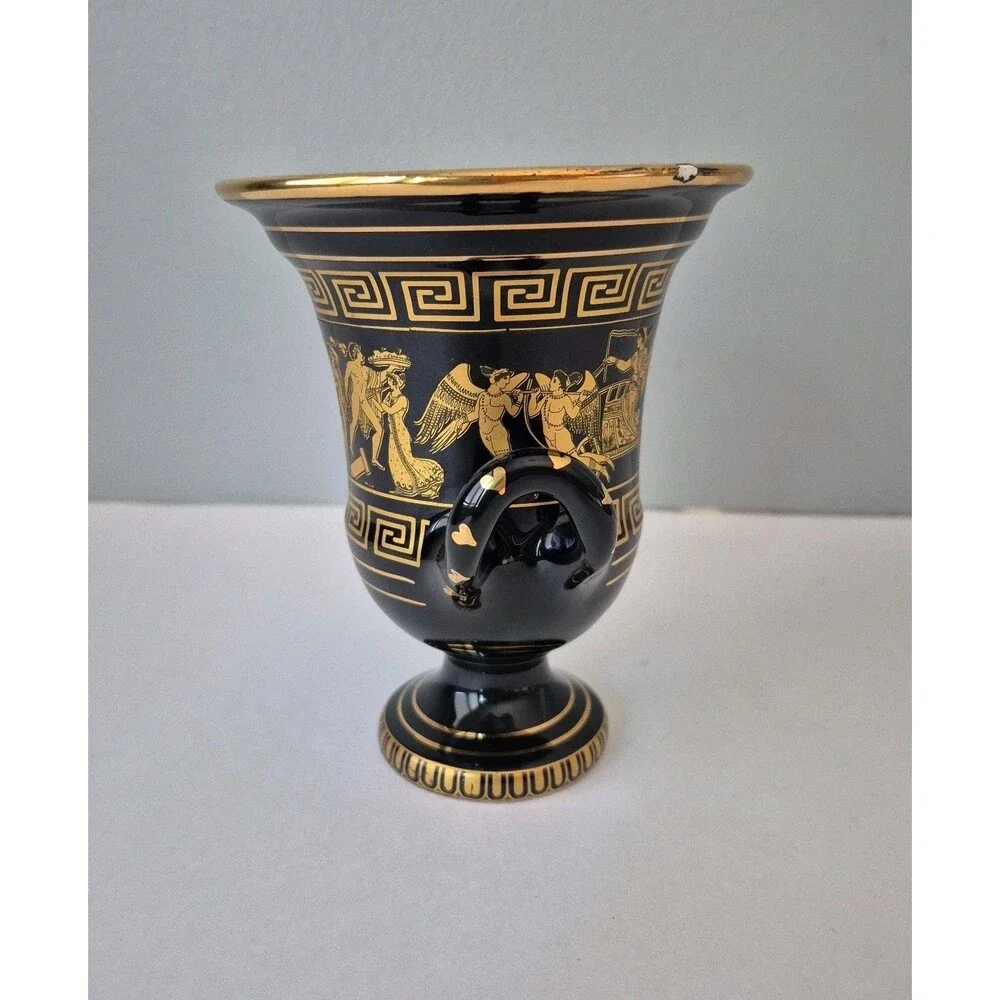 Spyropoulos Handmade Black and 24K Gold Inlay Double Handle Urn Vase 5.5 IN